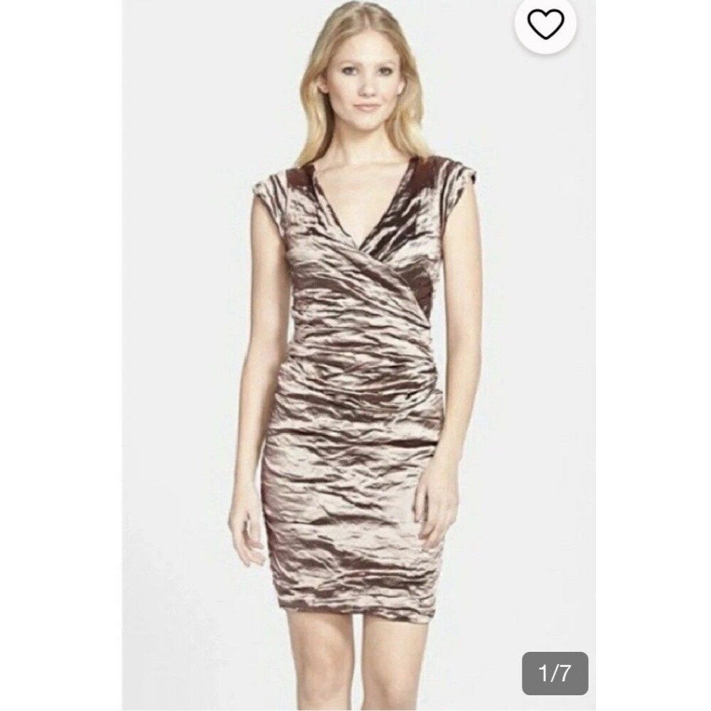 Vintage Nicole Miller Cocktail Dress-Champagne Bronze-Ruched-V-Neck-Size 4